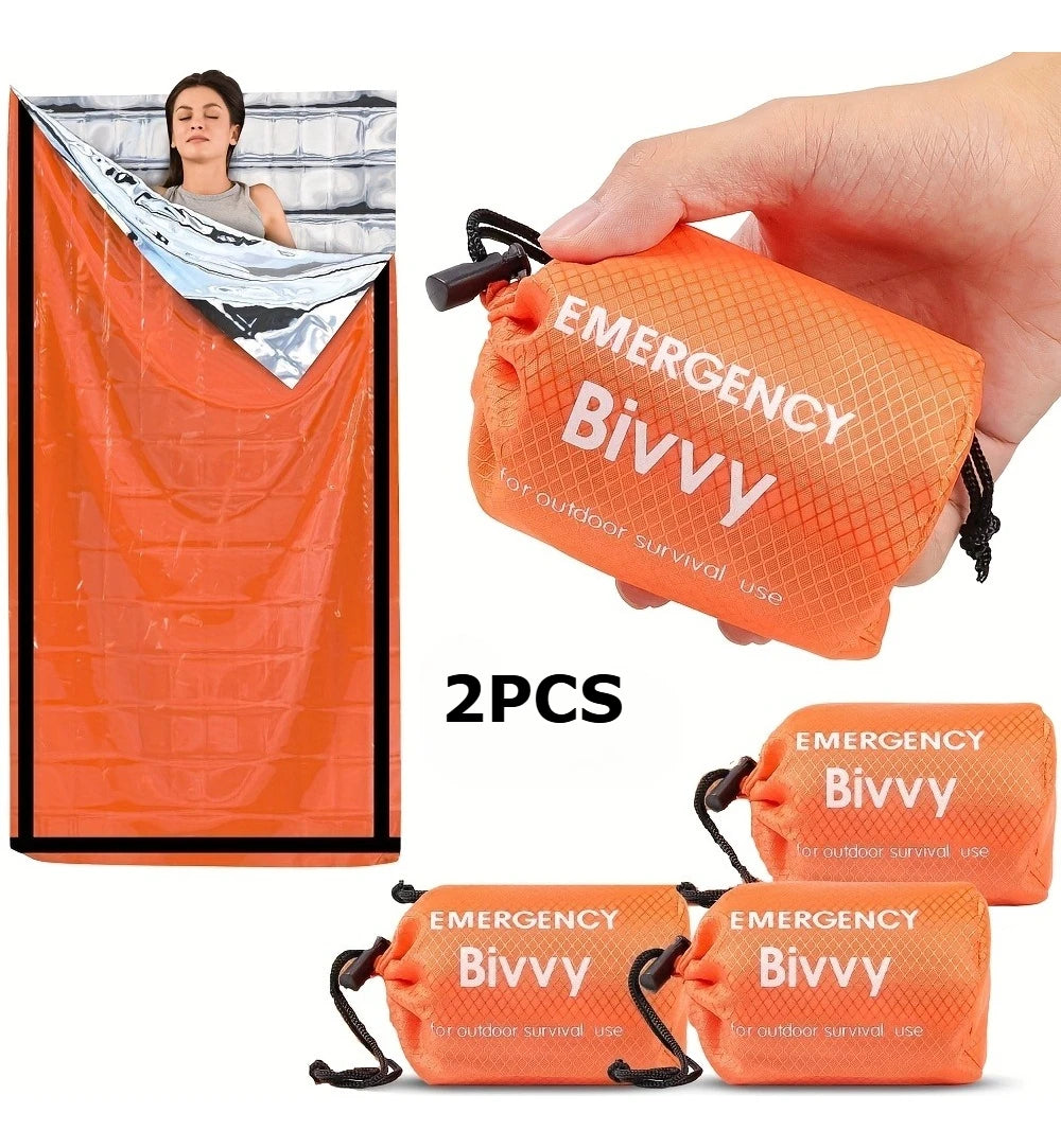 2Pc Emergency Sleeping Bag/Survival Bivy Sack Mylar Thermal Emergency Blanket/Lightweight Shelter for Camping Gear Hiking Travel