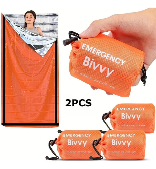 2Pc Emergency Sleeping Bag/Survival Bivy Sack Mylar Thermal Emergency Blanket/Lightweight Shelter for Camping Gear Hiking Travel