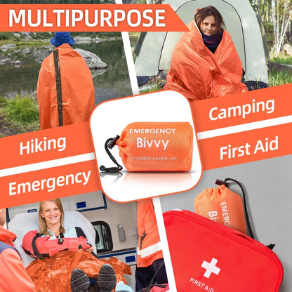 2Pc Emergency Sleeping Bag/Survival Bivy Sack Mylar Thermal Emergency Blanket/Lightweight Shelter for Camping Gear Hiking Travel