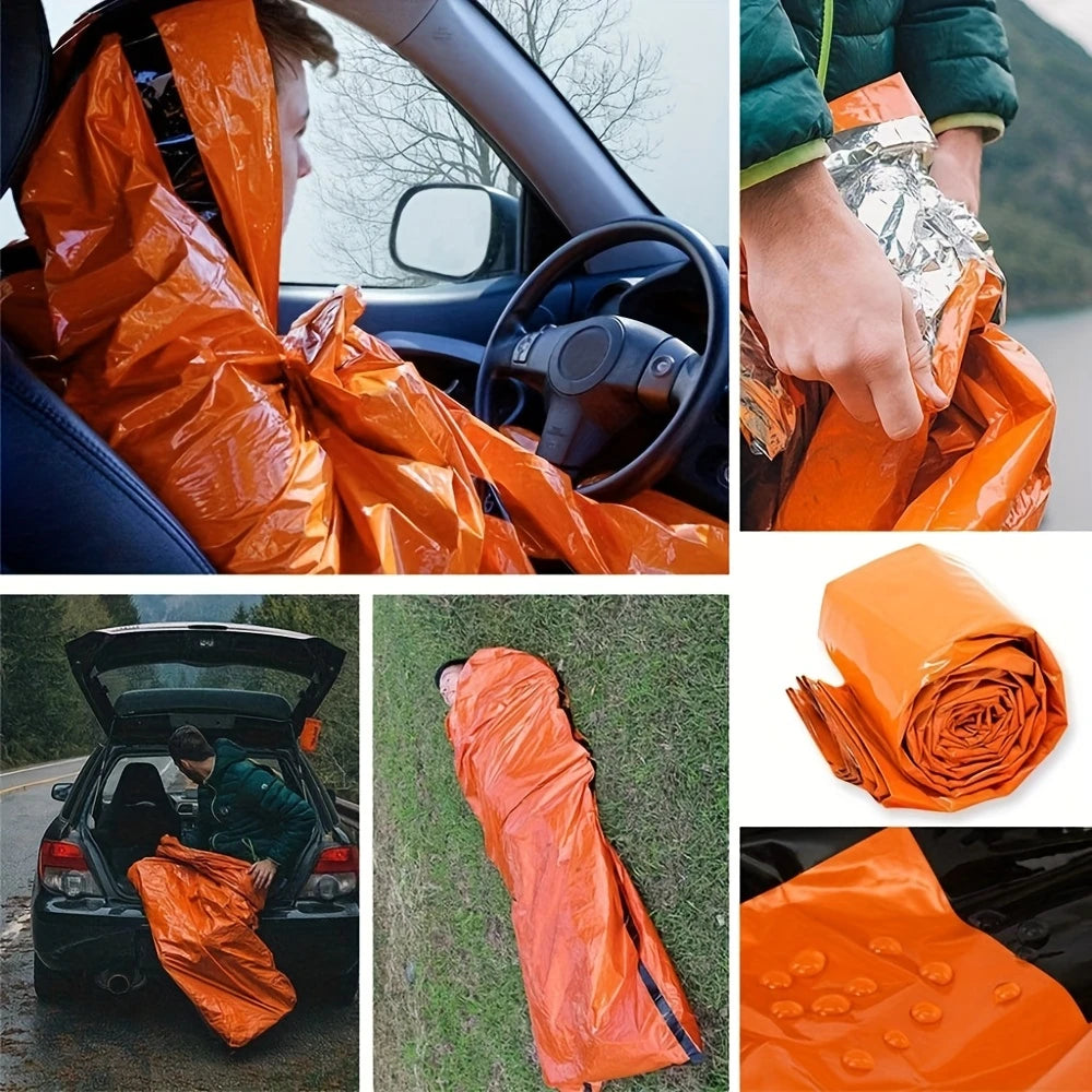 2Pc Emergency Sleeping Bag/Survival Bivy Sack Mylar Thermal Emergency Blanket/Lightweight Shelter for Camping Gear Hiking Travel