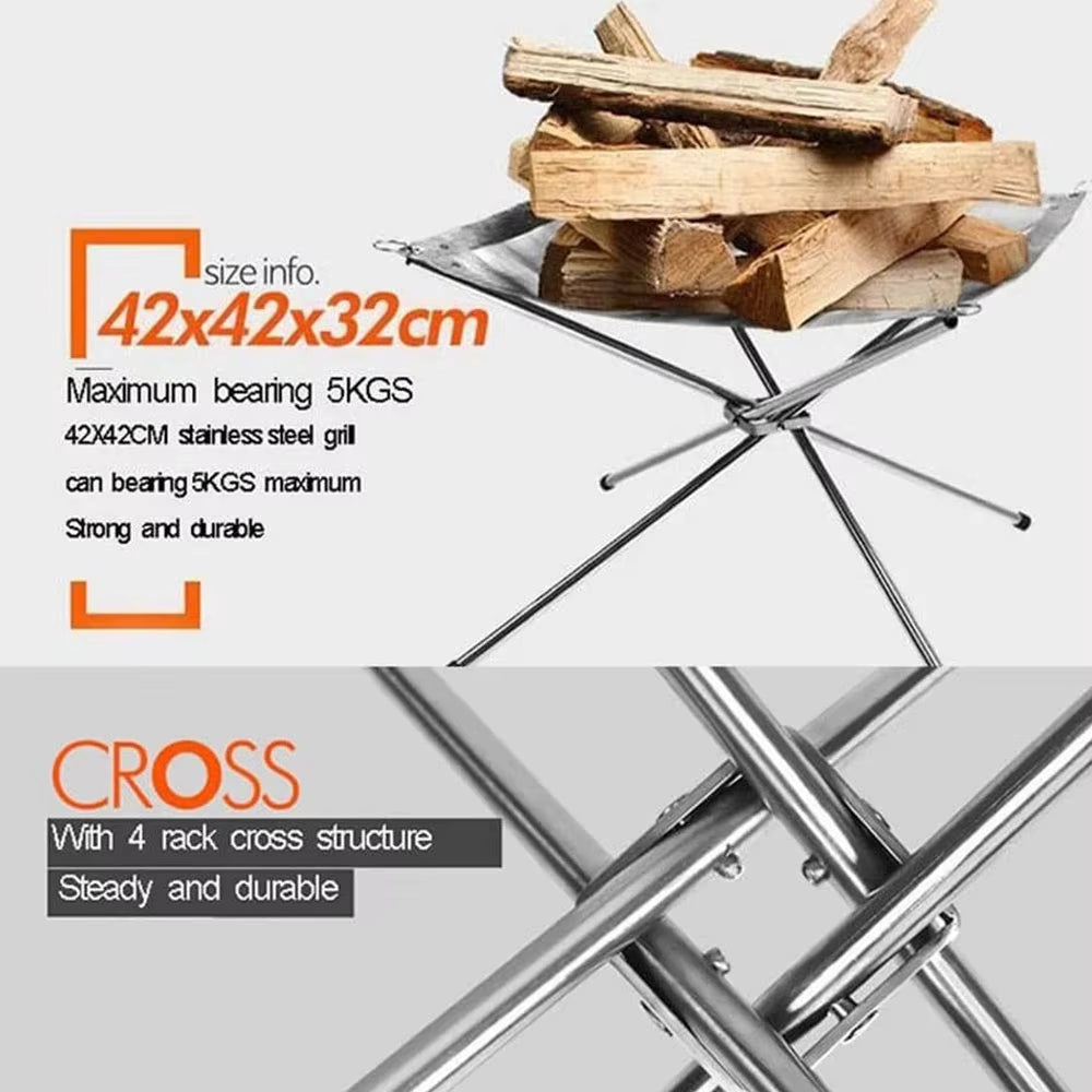 Stainless Steel Outdoor Camping Campfire Fire Rack Foldable Mesh Fire Pit Wood Stove Fire Frame Rack Garden Backyard BBQ Bonfire