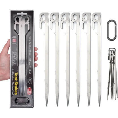 6PCS Tent Stakes Camping Essentials for Tent Camper Stainless Steel Heavy Duty Ground Stakes, Light Weight Camping Essentials